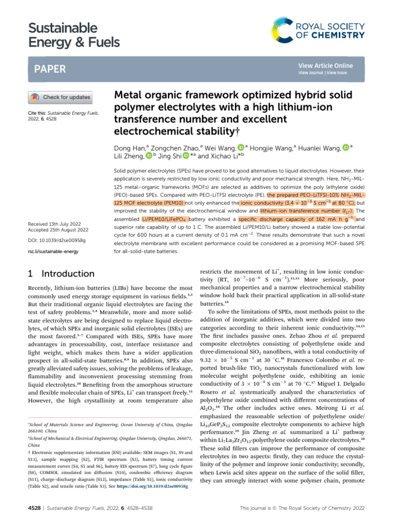 MOF-Enhanced Solid Polymer Electrolytes | PDF | Electrochemistry ...