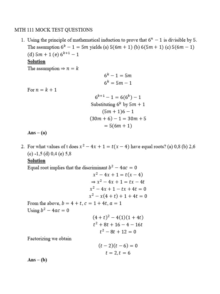 MTH 111 Mock Test Questions and Solutions | PDF | Elementary ...