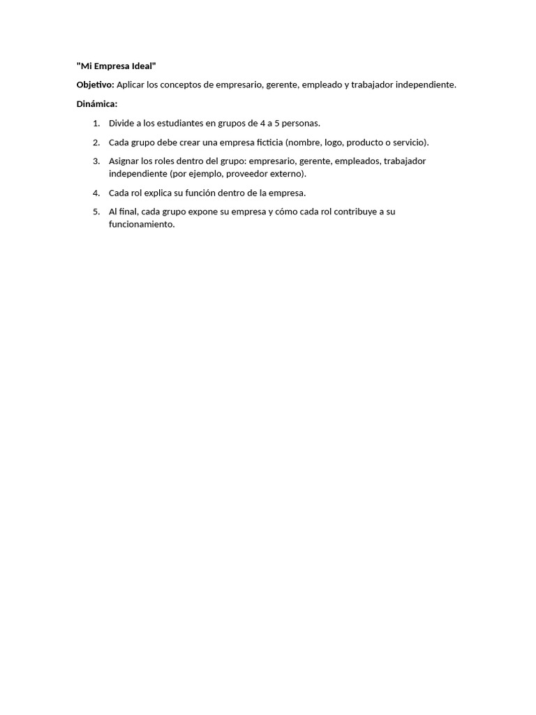 Mi Empresa Ideal Actividad en Clases | PDF