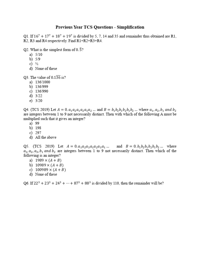 TCS Simplification Questions Overview | PDF