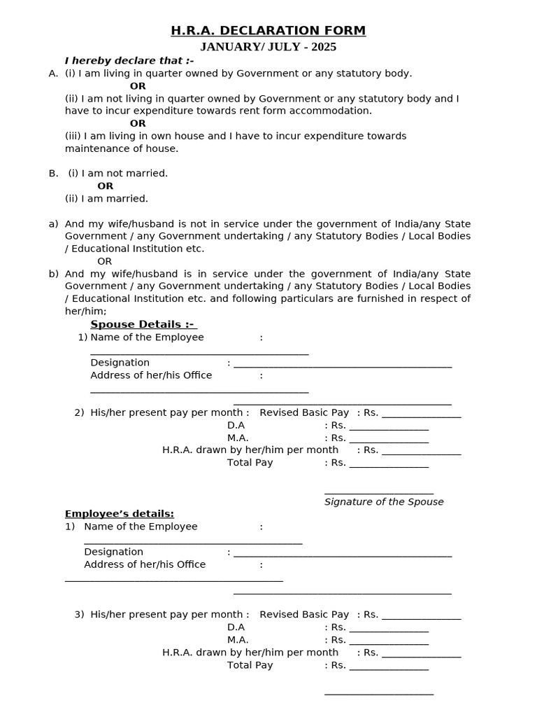 HRA Declaration Form 2025 for Employees | PDF | Social Institutions ...