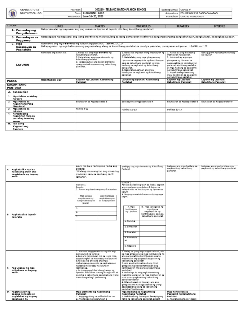 DLL ESP 1st Quarter Week 1 2025-2026 | PDF