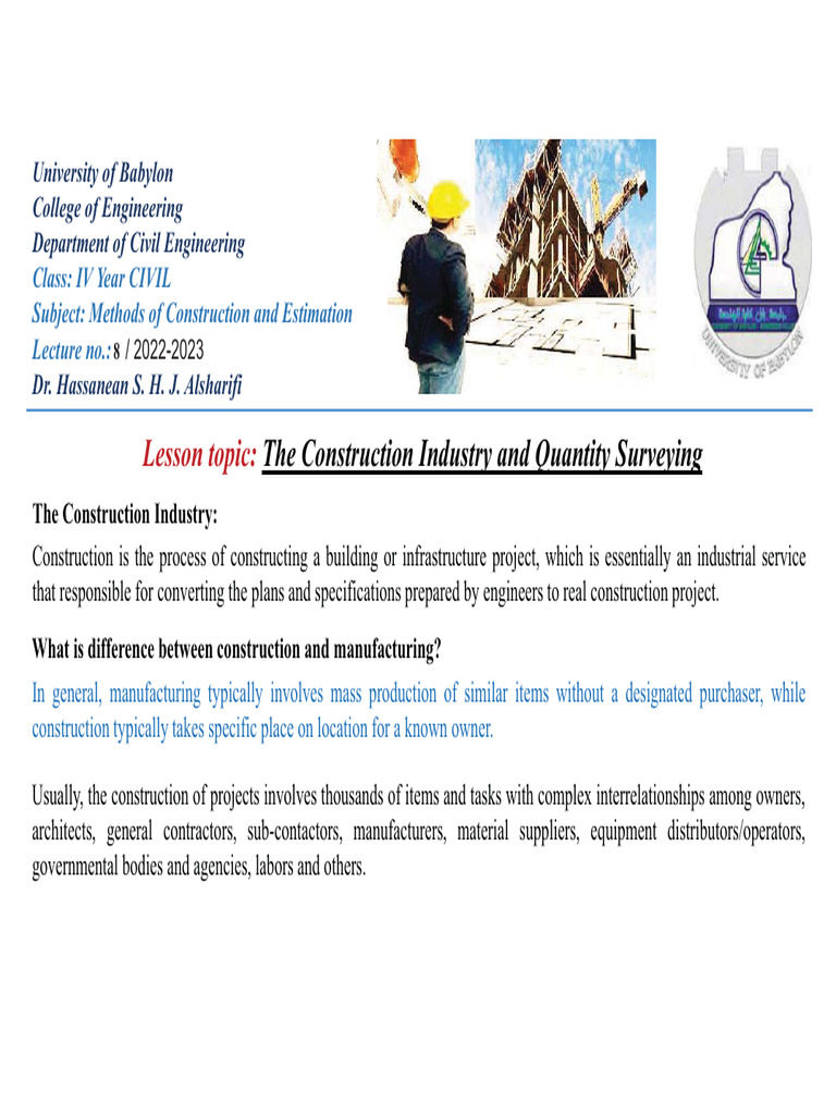 Lecture No 8 The Construction Industry and Quantity Surveying 2022 | PDF