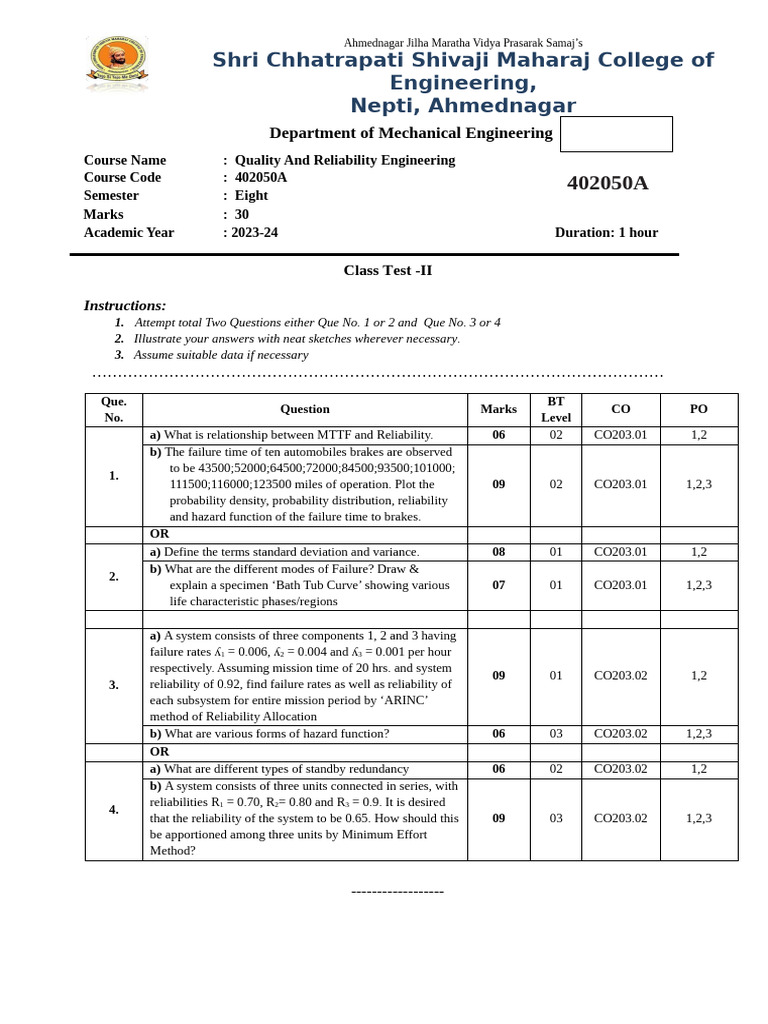 Quality and Reliability Engineering Test | PDF | Reliability ...