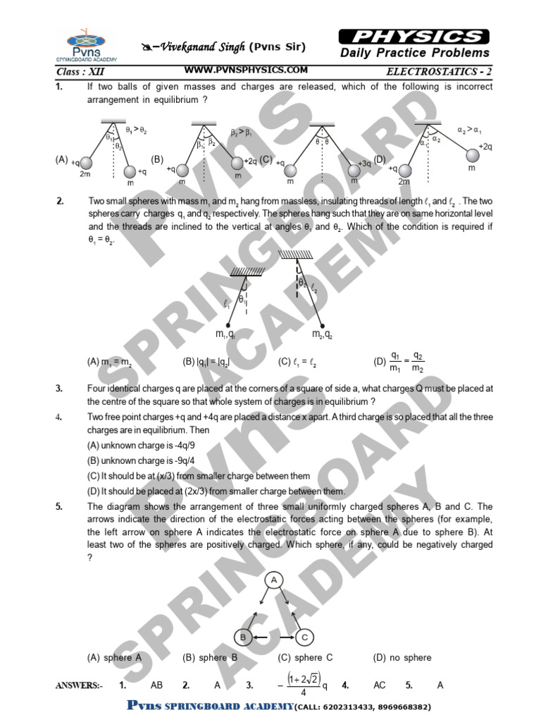 Electrostatics Practice Problems for XII | PDF