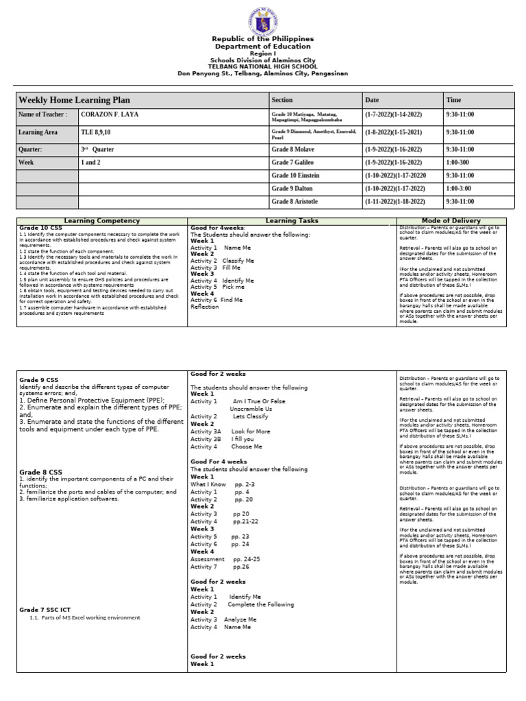 Weekly Home Learning Plan for Grades 7-10 | PDF | Computing