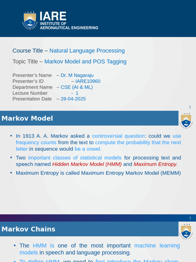 Markov Models in NLP: HMM & Tagging | PDF | Markov Chain | Conceptual Model
