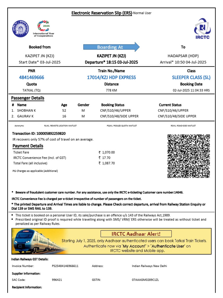 IRCTC E-Ticket Reservation Details | PDF | Identity Document | Payments