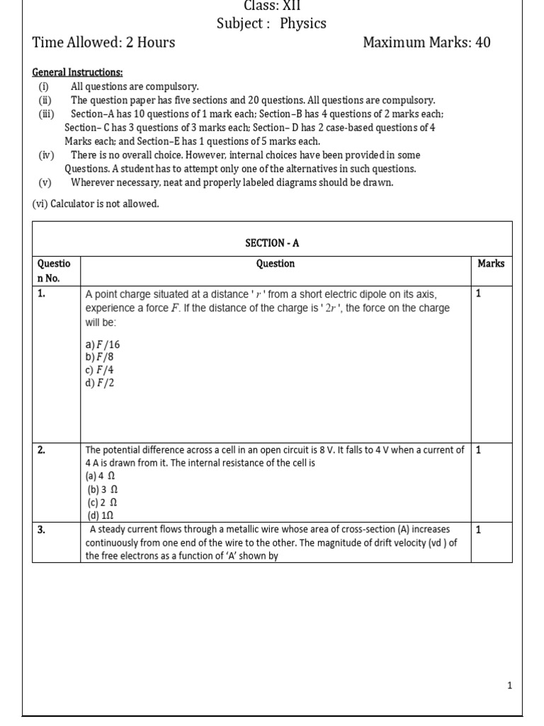 Class 12 Physics Exam Question Paper | PDF | Capacitance | Capacitor