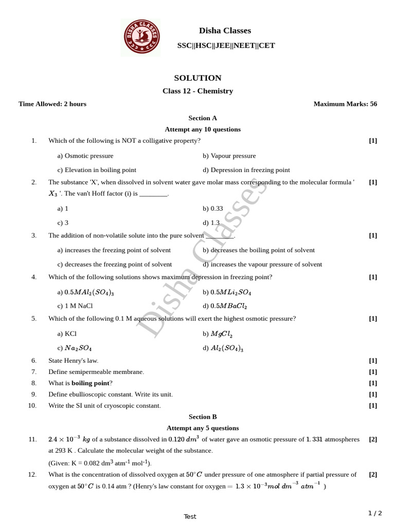 Question Paper Chemistry - 2. Solution | PDF | Mole (Unit) | Chemistry