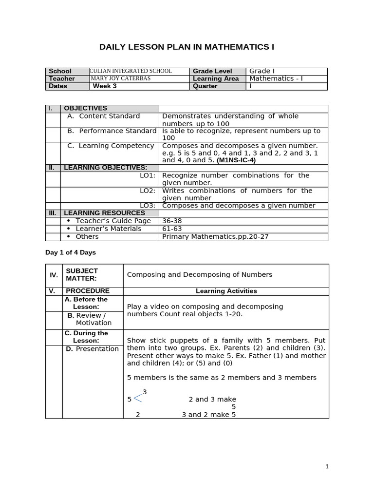 Grade 1 Math Lesson Plan: Number Combinations | PDF | Lesson Plan ...
