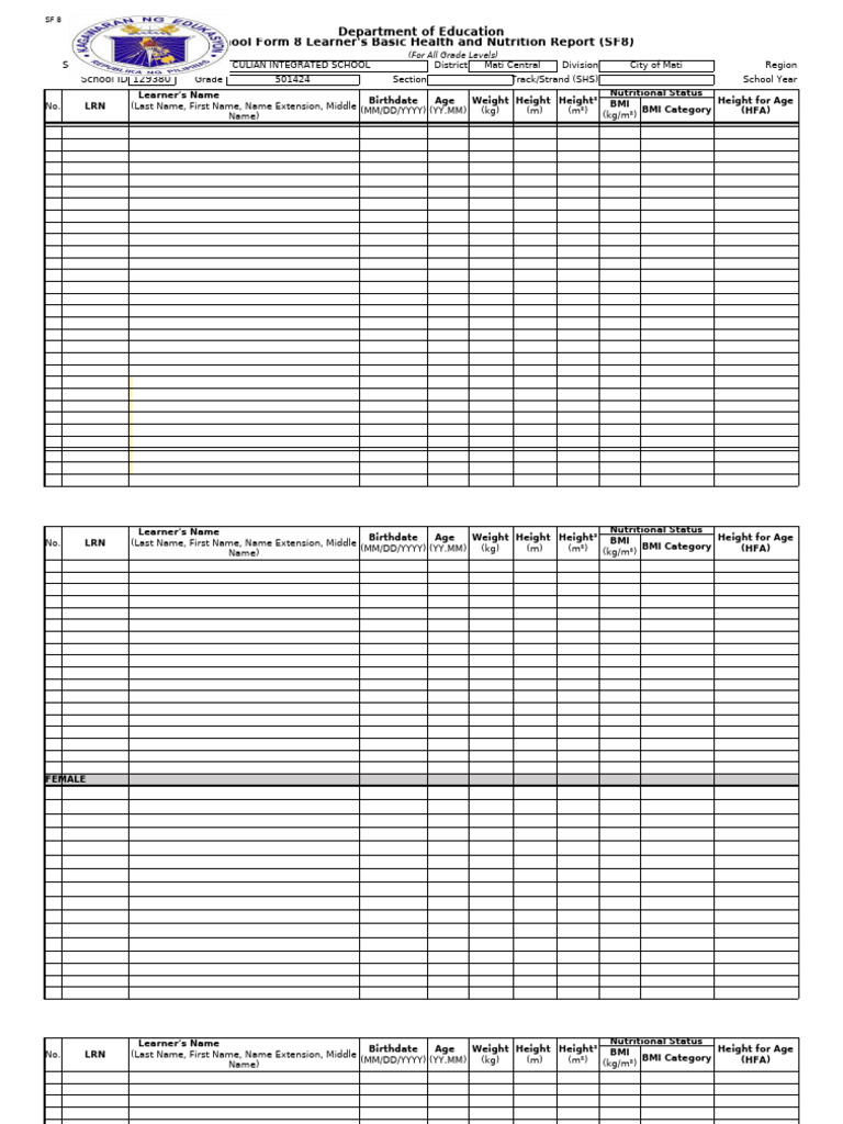 Learner Health & Nutrition Report SF8 | PDF | Human Size | Human Body ...