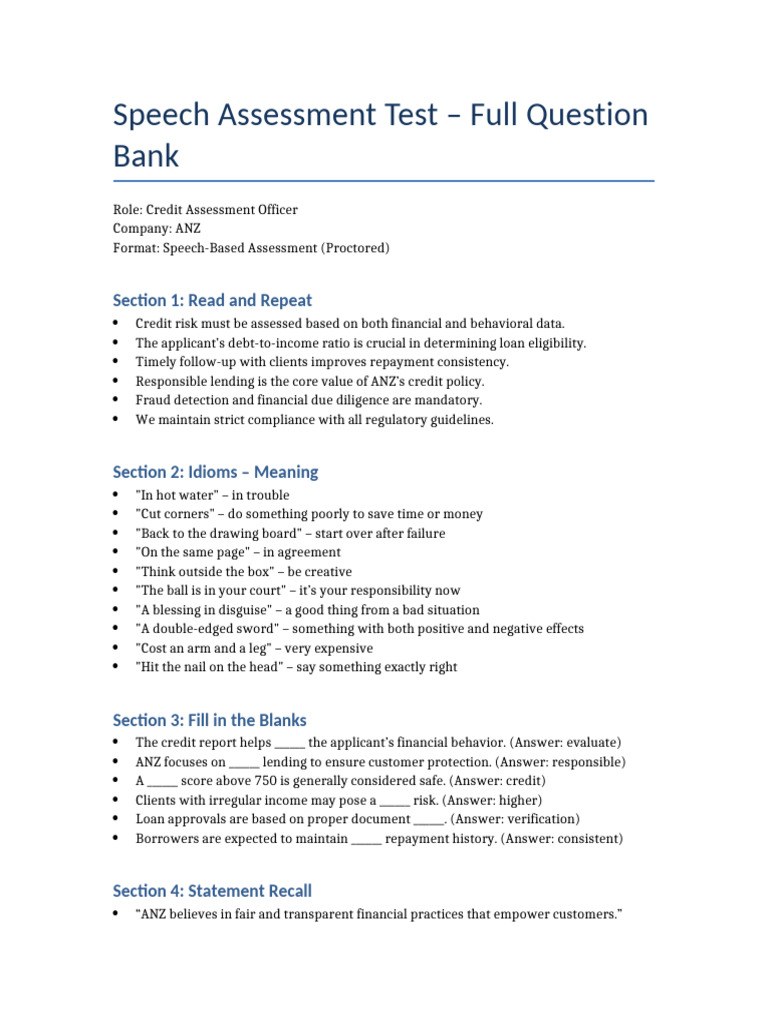 ANZ Credit Assessment Officer Interview Guide | PDF | Credit | Finance ...