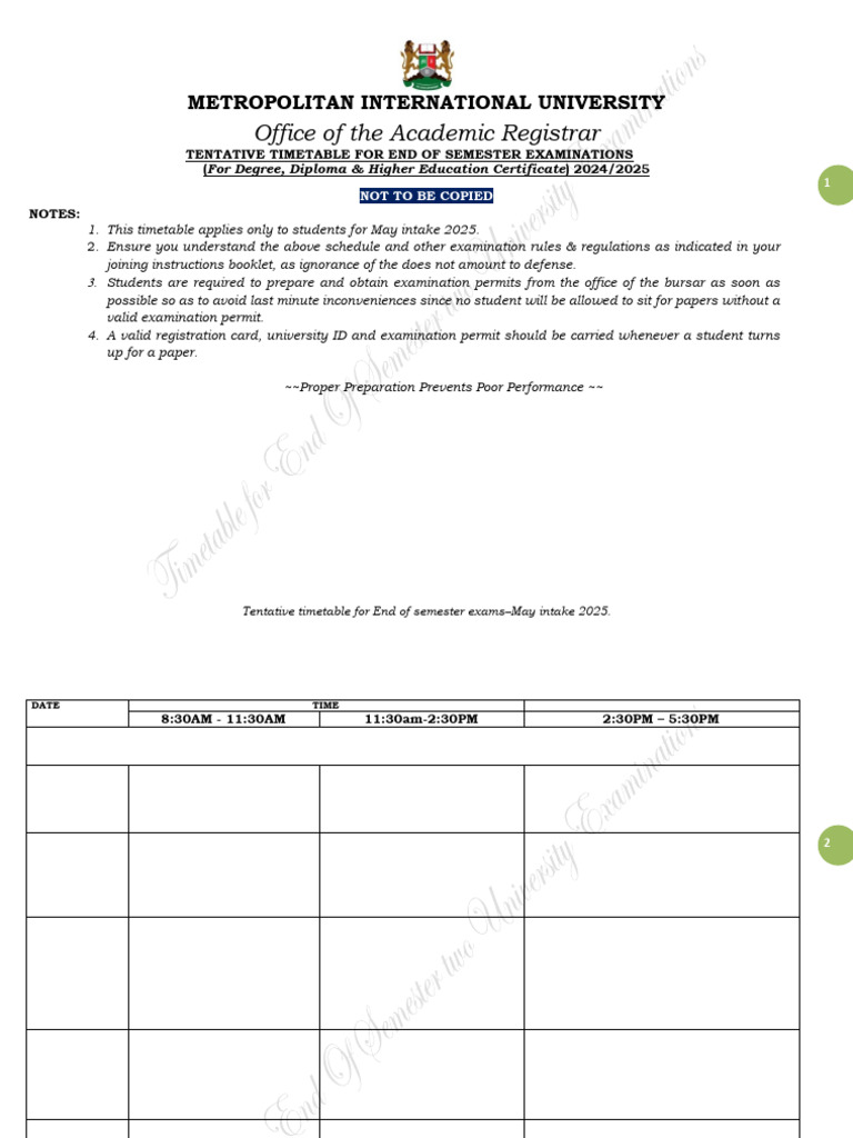 Tentative Time Table For May-July 2025 End of Semester Exams | PDF ...