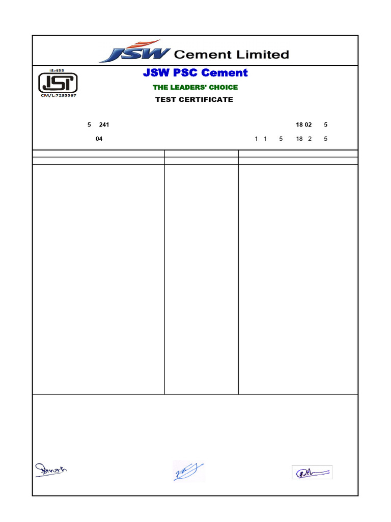 Test Certificate JSW PSC W No04 With 28 Day | PDF | Building Materials ...