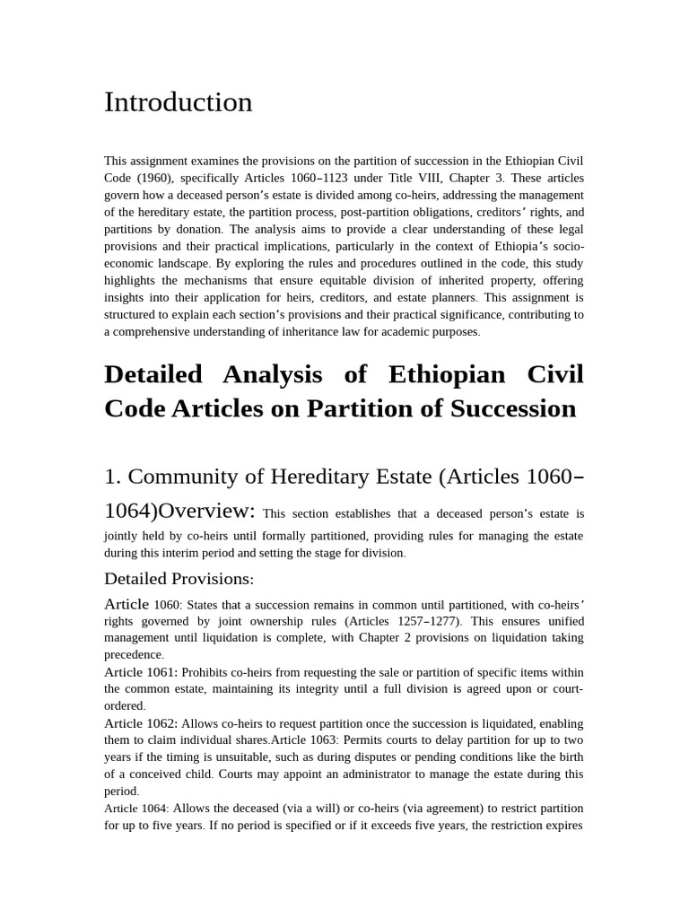 Ethiopian Civil Code: Succession Partition Guide | PDF | Inheritance | Debt