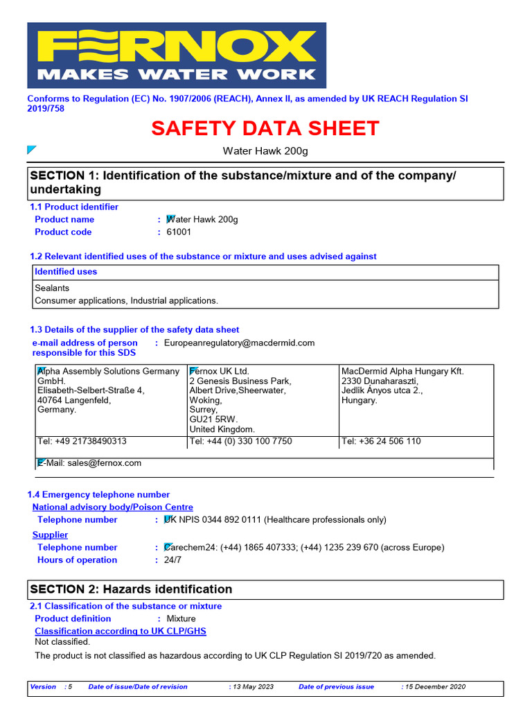 Water Hawk 200g Sealant Safety Data | PDF | Toxicity | Waste