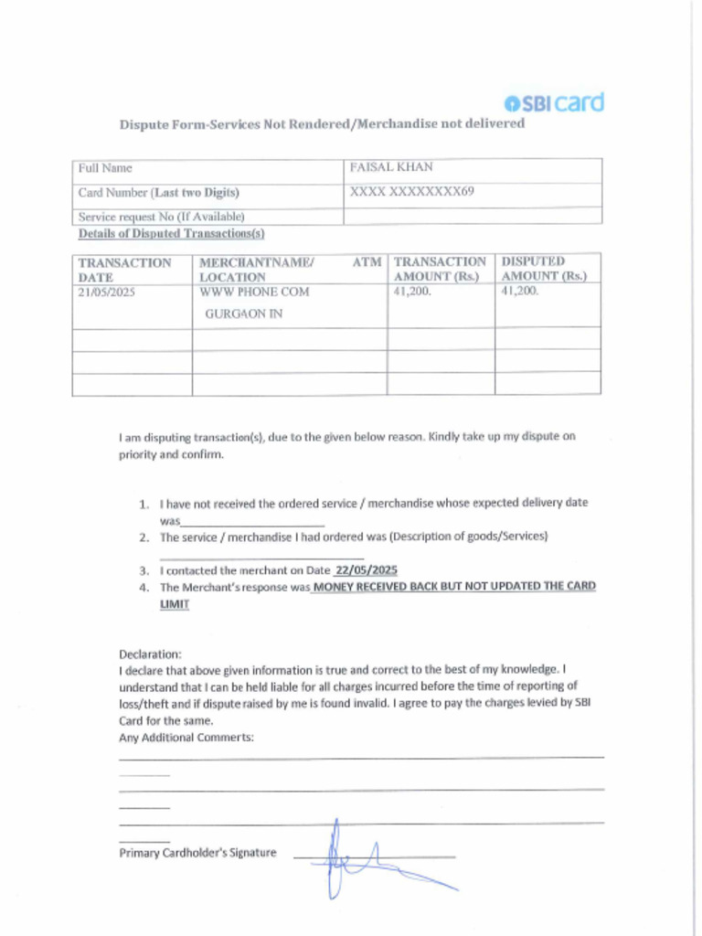 Sbi Card Dispute Form | PDF