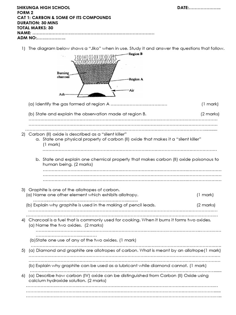 Form 2 Carbon Compounds Assessment | PDF | Sets Of Chemical Elements ...