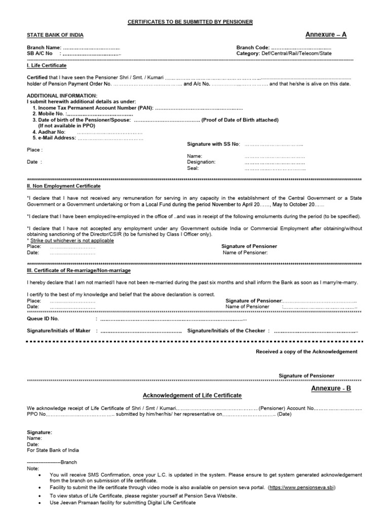 Life Certificate Submission for Pensioners | PDF