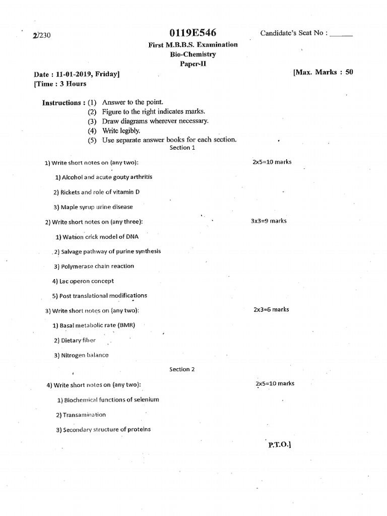 Biochemistry Paper-2 - Year 2019 Gujarat University | PDF