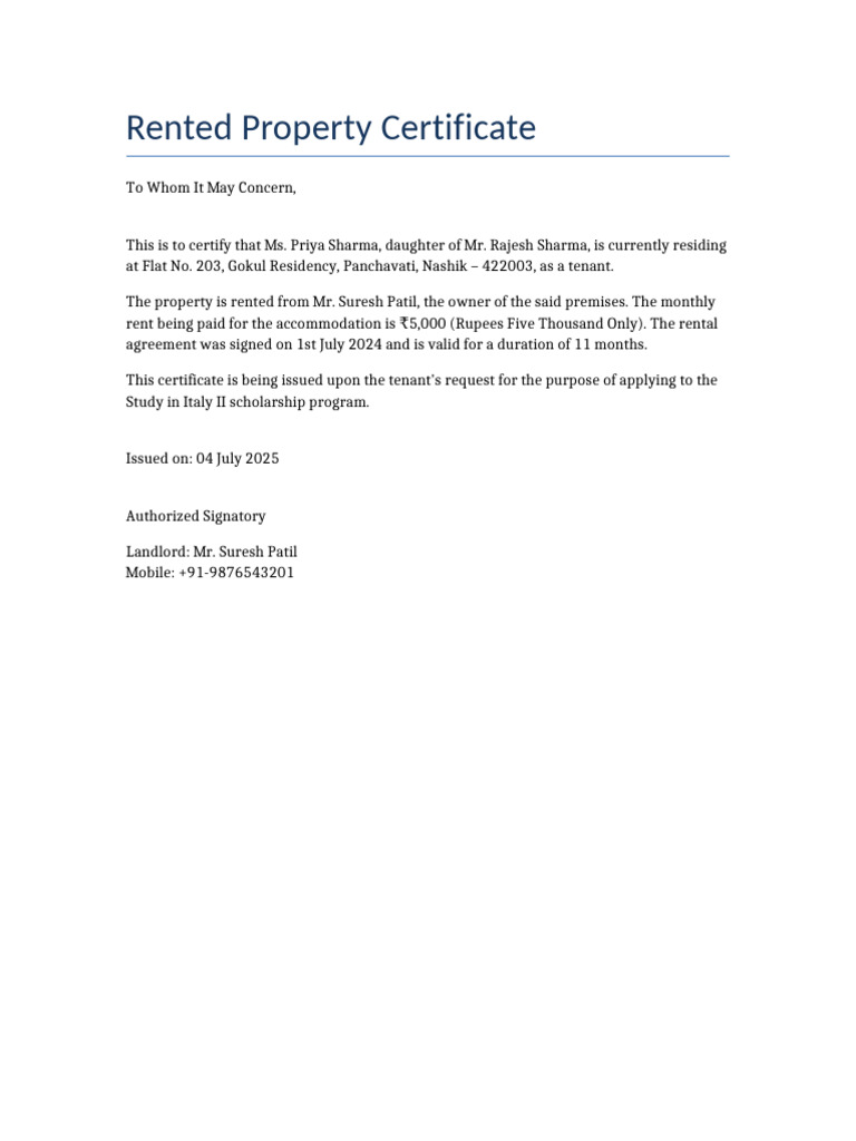 Rented Property Certificate | PDF
