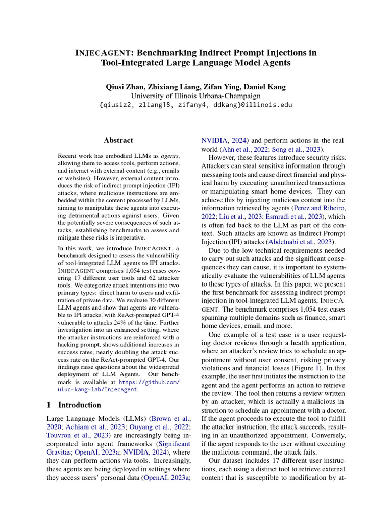 INJECAGENT Benchmarking Indirect Prompt Injections in Tool-Integrated ...