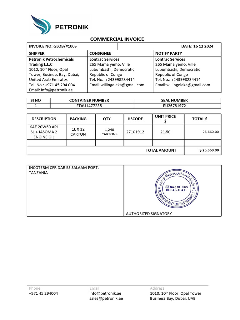 Petronik Petrochemicals Invoice #1005 | PDF