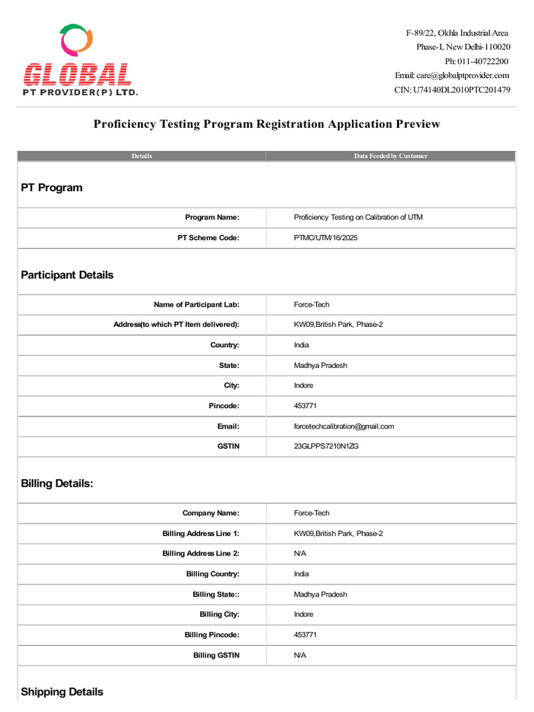 Proficiency Testing Registration Preview | PDF