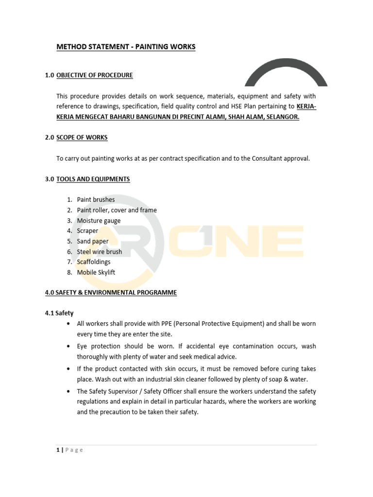 ARV Method Statement Painting Work | PDF | Paint | Personal Protective ...