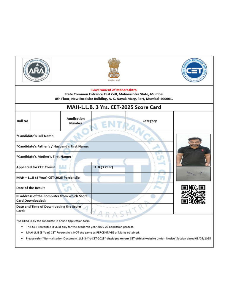 MAH LLB 3 Year CET 2025 Score Card | PDF