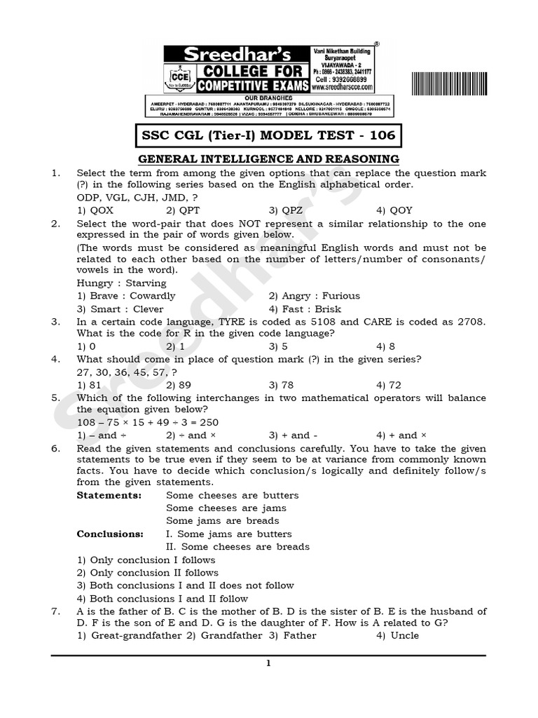 SSC CGL Tier-I Model Test 106: Reasoning & Awareness | PDF | Linguistics