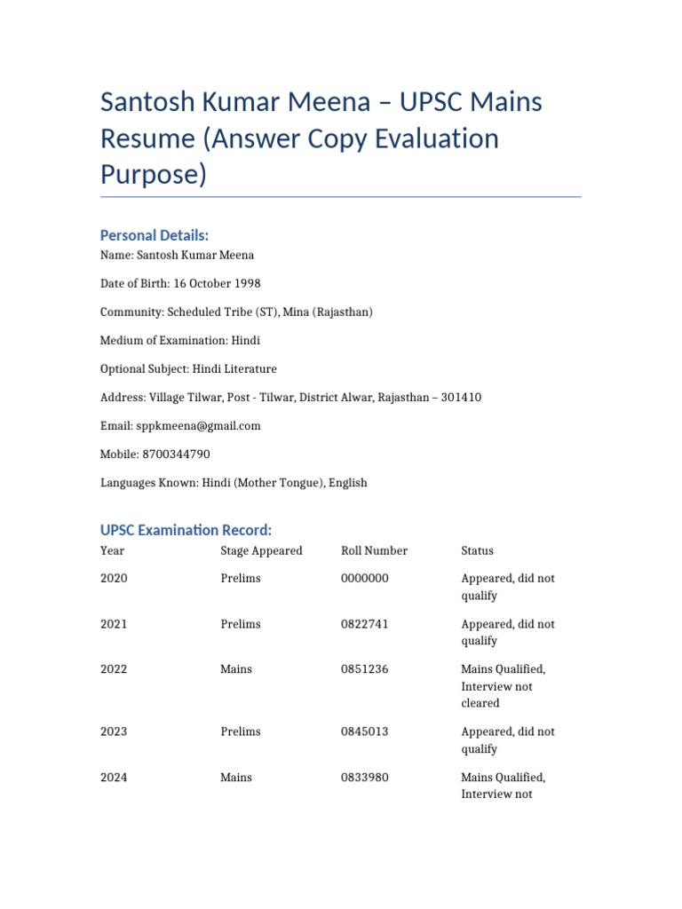 Santosh Kumar Meena UPSC Resume - 1