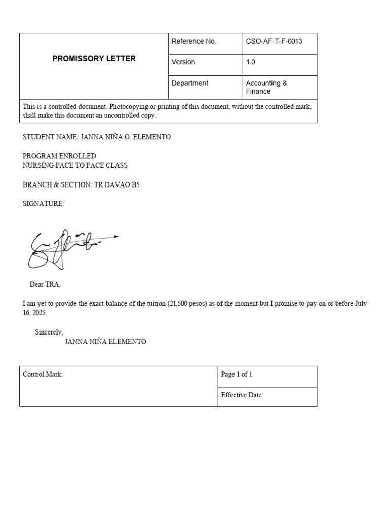 Promissory Note for Tuition Payment | PDF