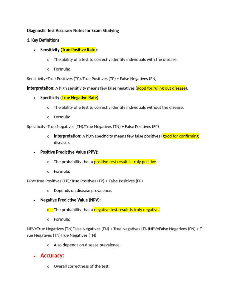 Diagnostic Test Accuracy Study Guide | PDF | Sensitivity And ...