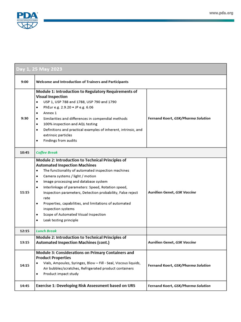 PDA 2023 Automated Inspection Agenda | PDF