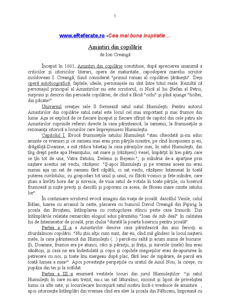 Rezumat Amintiri Din Copilarie Amintiri Din Copilarie Comentariu | PDF