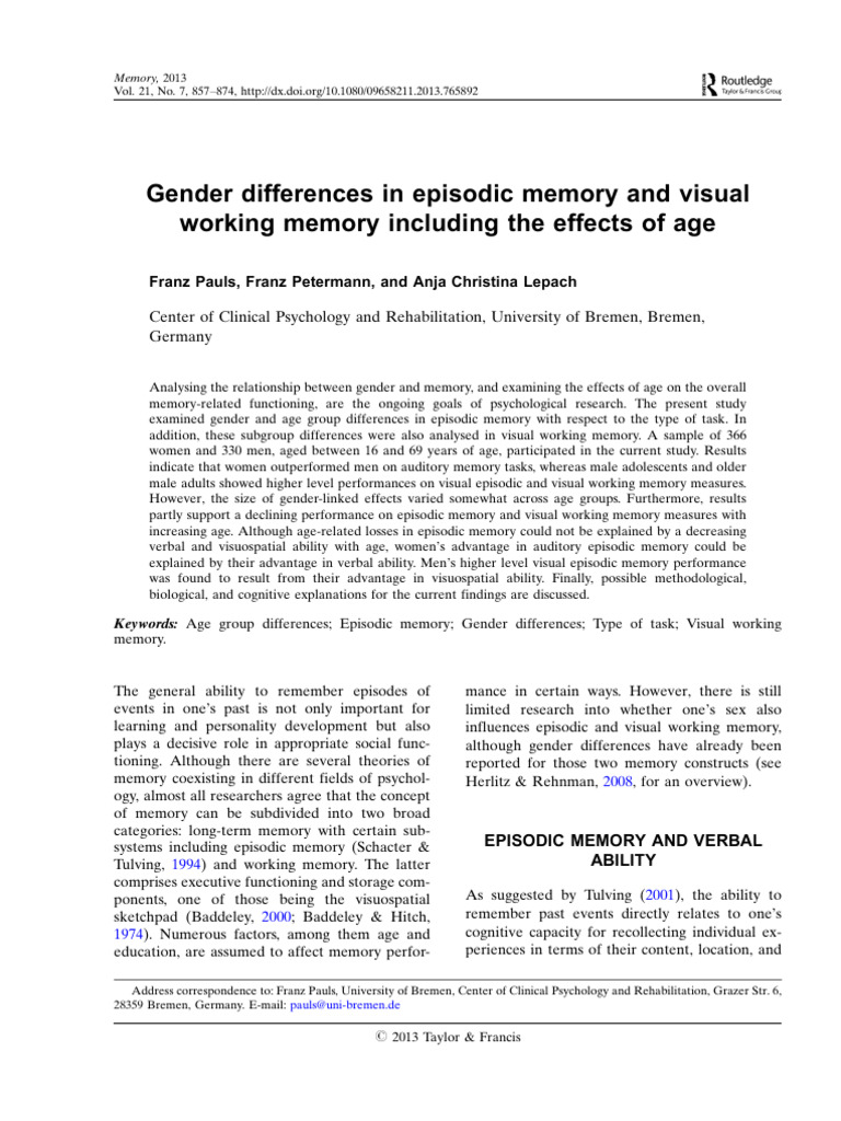 Gender and Age Effects on Memory Types | PDF | Memory | Wechsler Adult ...