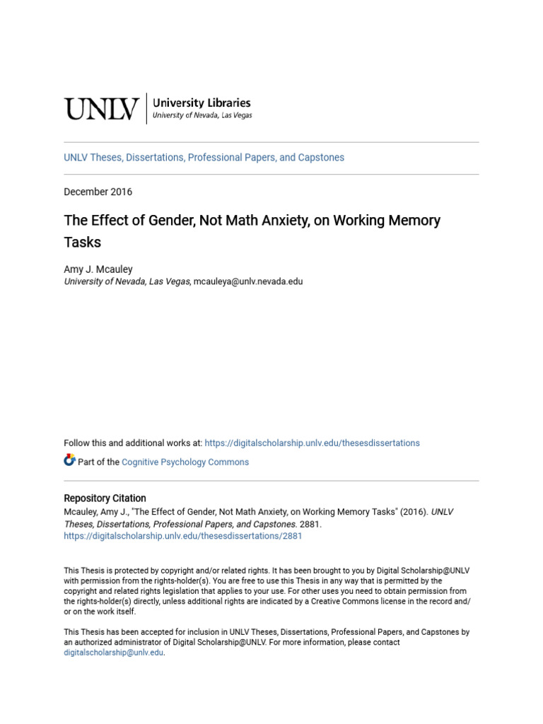 The Effect of Gender Not Math Anxiety On Working Memory Tasks | PDF ...