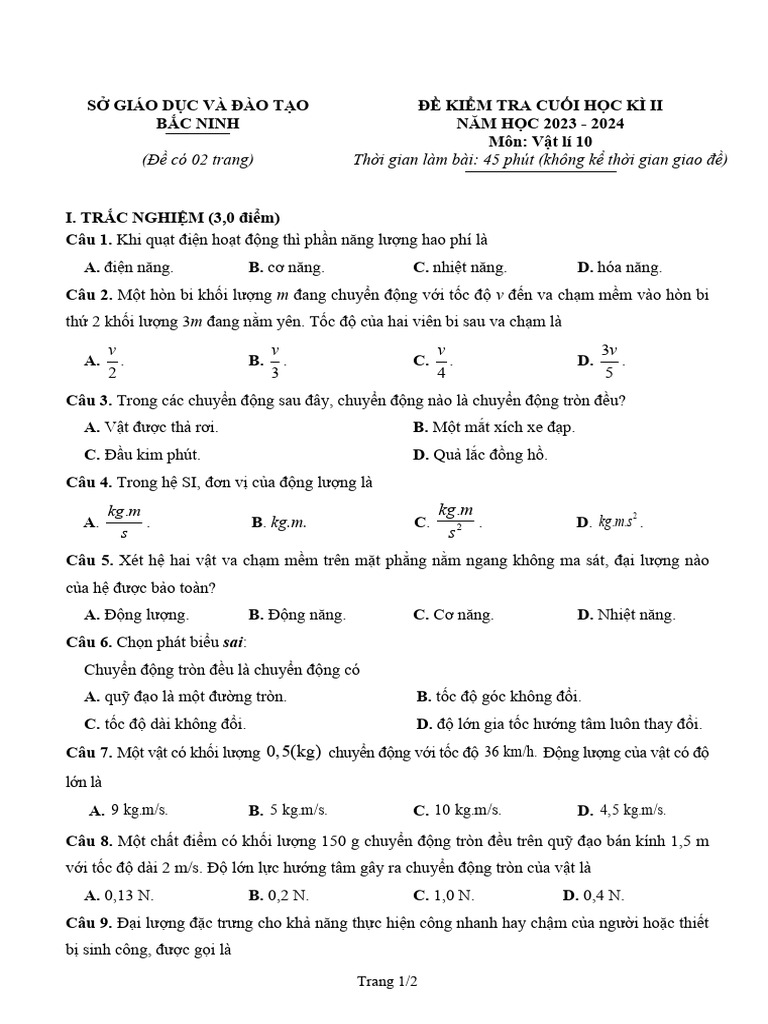 De Kiem Tra Cuoi Hoc Ki 2 Vat Li 10 Nam 2023 2024 So GDDT Bac Ninh | PDF