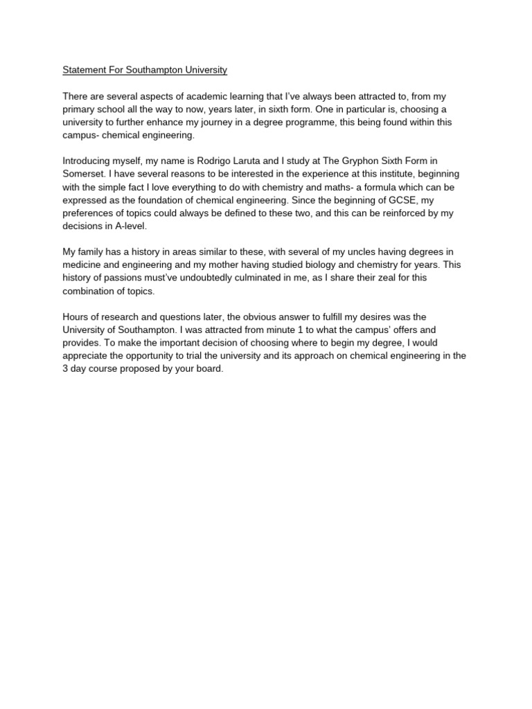 Statement For Southampton University | PDF
