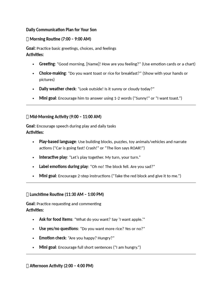 Daily Communication Plan for Kids | PDF | Human Communication ...