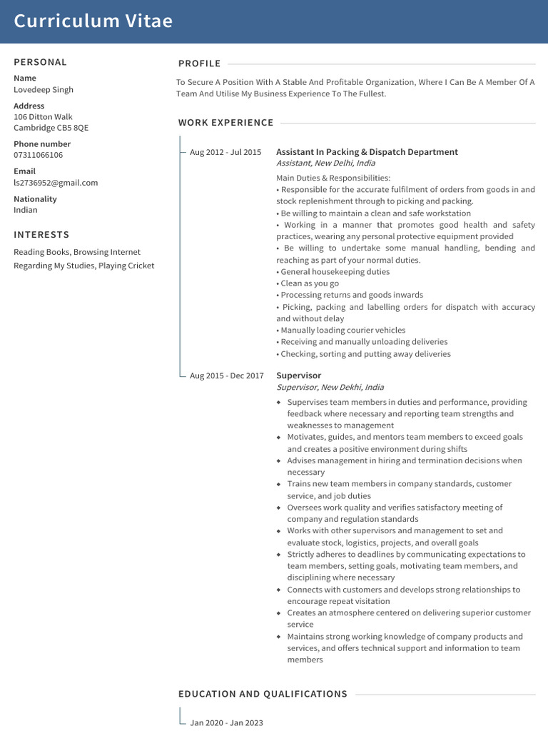 Lovedeep Singh's CV and Experience | PDF | Business