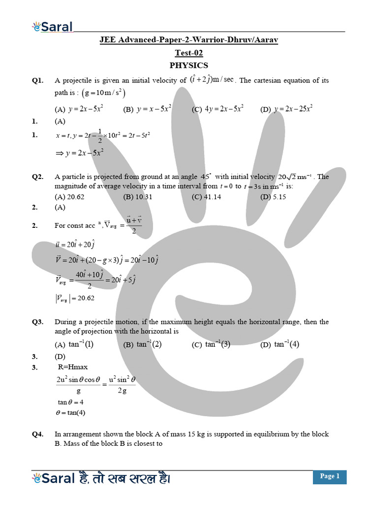JEE Advanced Physics & Chemistry Test Solutions | PDF | Tension ...