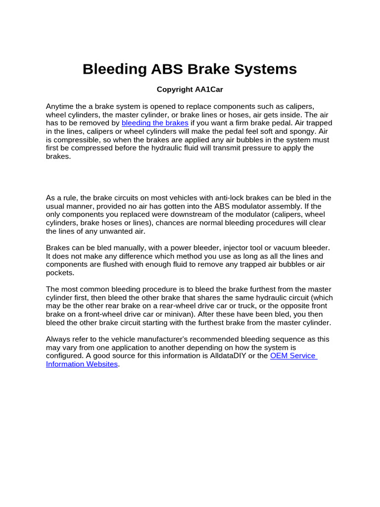 Bleeding ABS Brake Systems Guide | PDF | Anti Lock Braking System | Brake