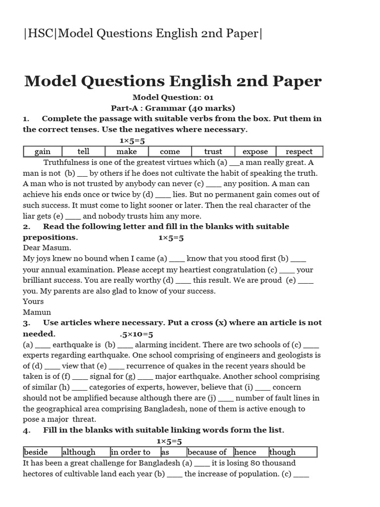 HSC English 2nd Paper Model Questions | PDF