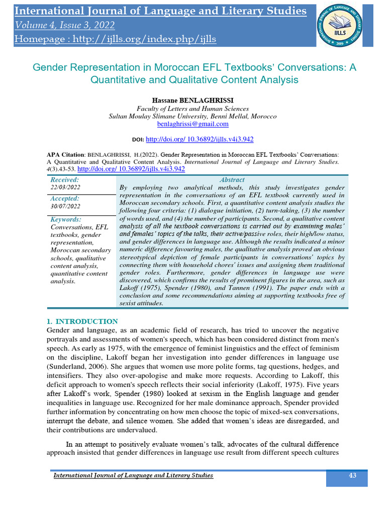 Gender Representation in Moroccan EFL Textbooks | PDF | Analysis ...