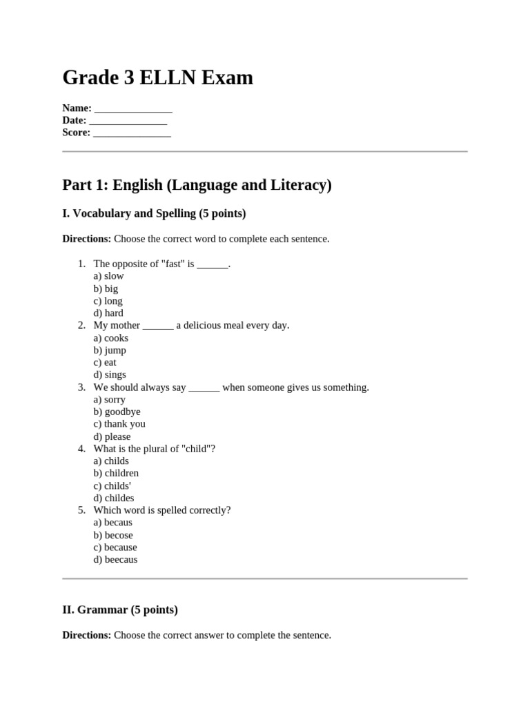 Grade 3 ELLN Exam Answer Key | PDF