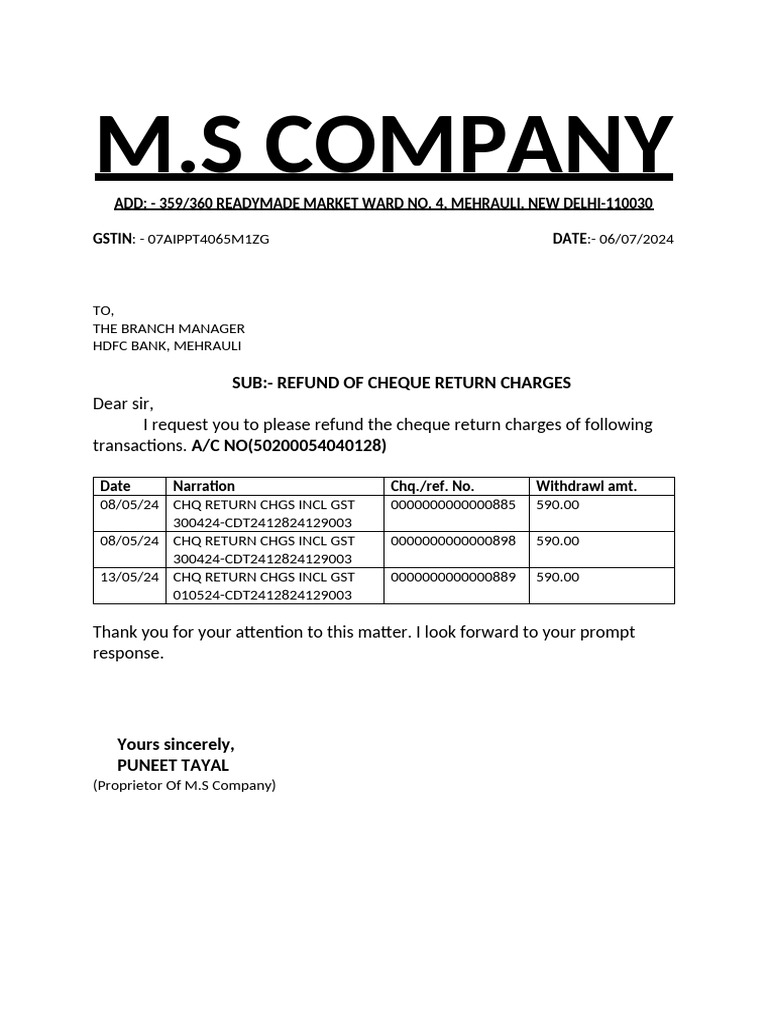 Refund Request for Cheque Return Charges | PDF