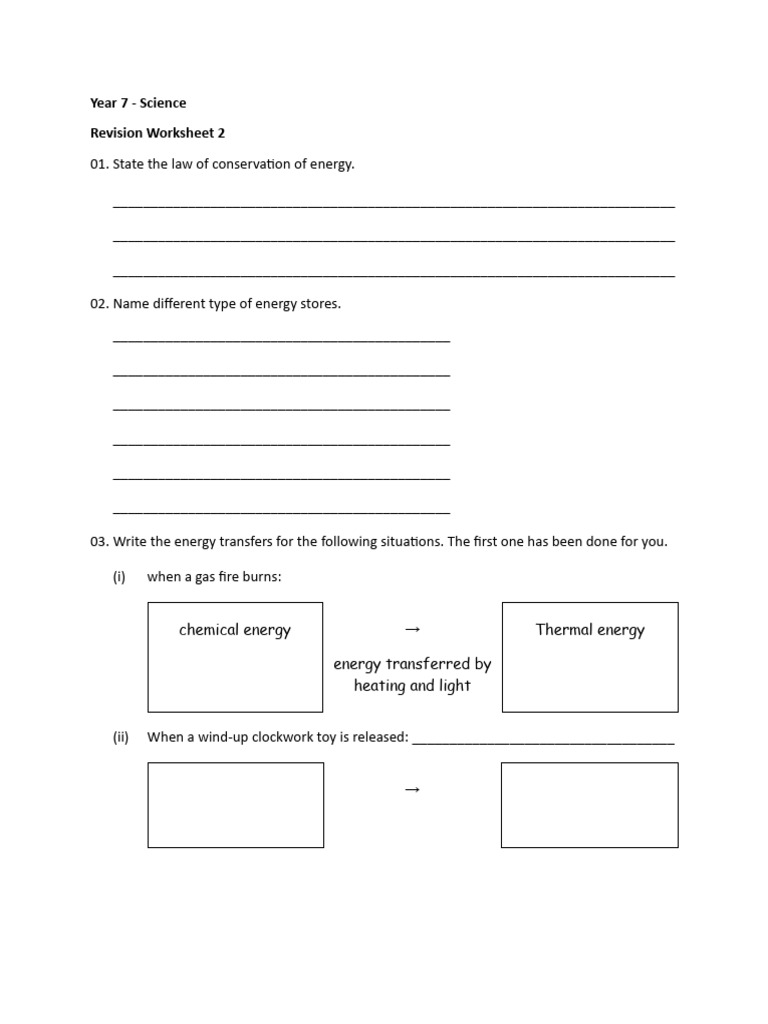 Year 7 Science Energy Revision Worksheet | PDF | Fuels | Energy Development